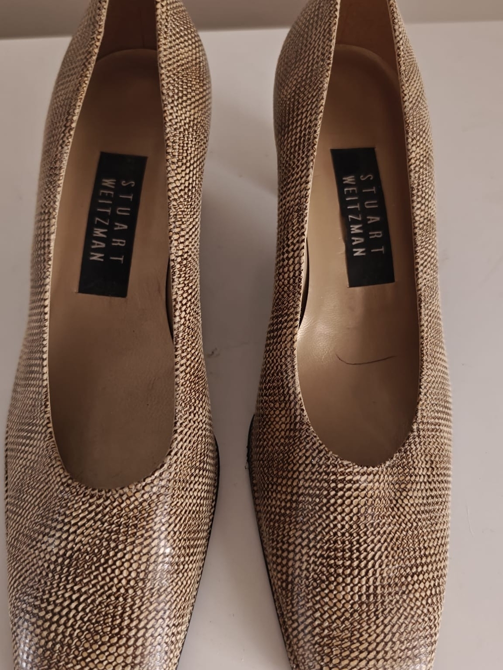Stuart Weitzman Tan Snake-Texture Pumps